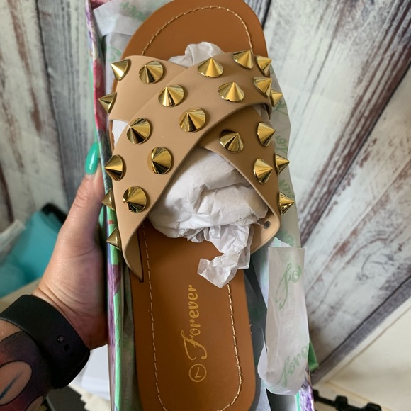 Taupe and gold spiked Sandals / Slides NWT - Picture 3 of 9
